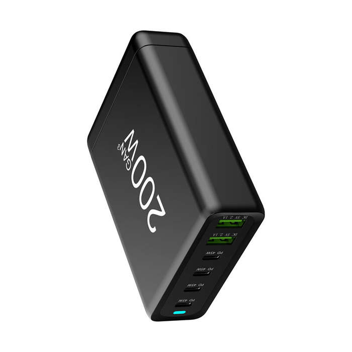 Black & EU Plug - [GaN Tech] 200W 6-Port USB PD Charger 2USB-A+4USB-C PD Fast Charging Desktop Charg
