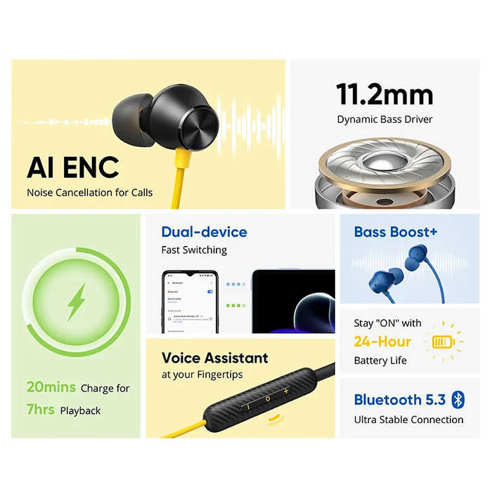 Realme Buds Wireless 2S Earphone bluetooth 5.3 Earphone 11.2mm Dynamic Bass Driver AAC Audio AI ENC
