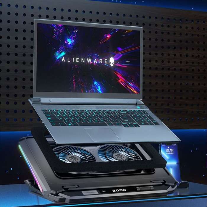 Black - D17 Dual Turbine Laptop Cooling Pad with Adjustable Height and RGB Lighting for 15-21 Inch C
