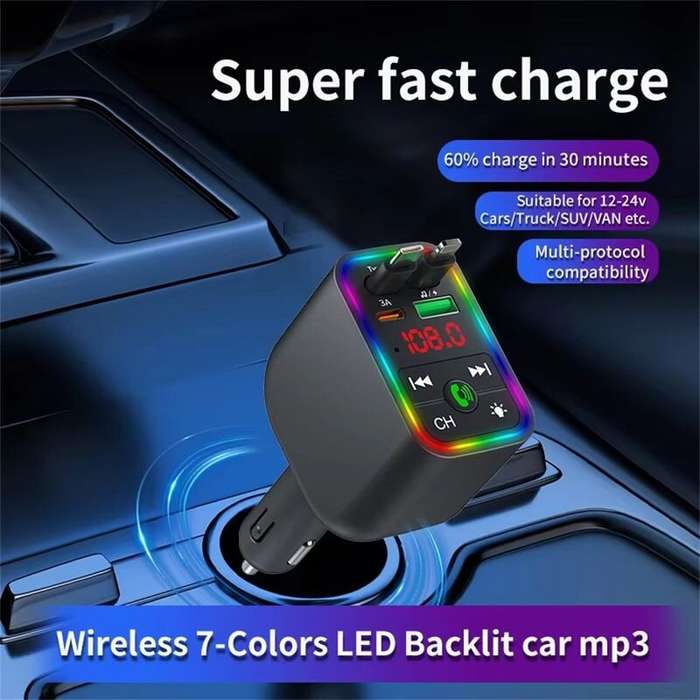Black - Y3 Car Audio Transmitter Bluetooth Music Player with Retractable Charging Cable and Fast Car