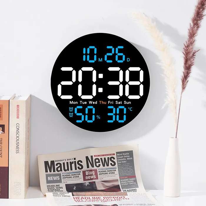 Sky Blue - 10inch LED Large Digital Wall Clock With Remote Control Auto Dimming 10 Level Brightness