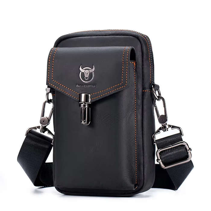 Black - BULLCAPTAIN Genuine Leather Men's Waist Bags Crossbody Bages Multifunctional 7-inch Mobile P