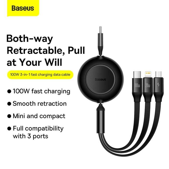 Black 100W - Baseus Bright Mirror Series II 100W Type-C to Micro/iP/Type-C Retractable Cable Fast Ch