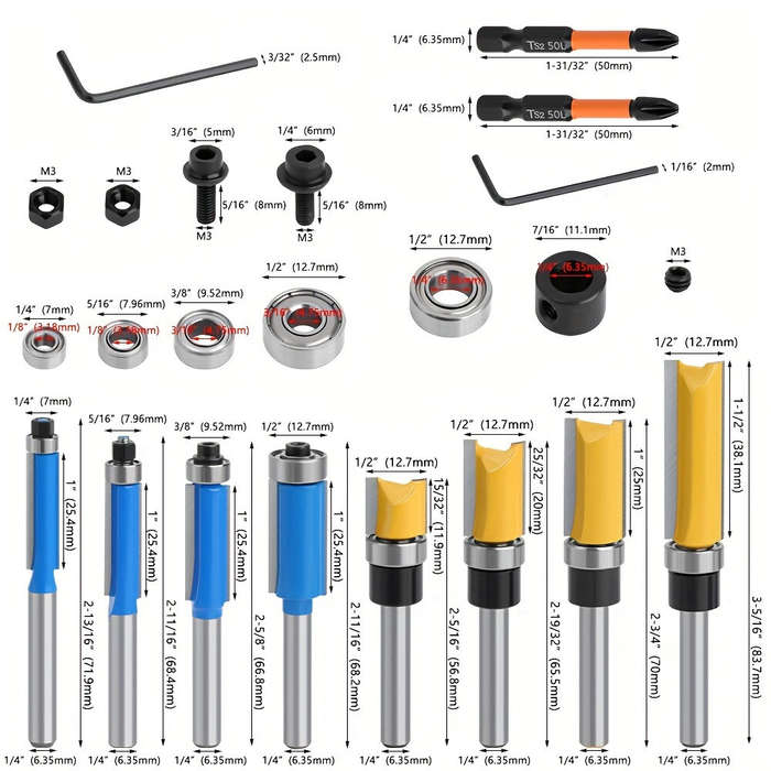 16Pcs - 16pcs 1/4 Inch Shank Router Bit Set with Bearing Tungsten Carbide Tips Precision Bearings St