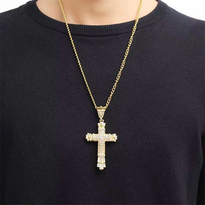 Silver - Rhinestone Cross Pendant Necklace Charm Shiny Zircon Cross Necklace for Men Women Hiphop Ne