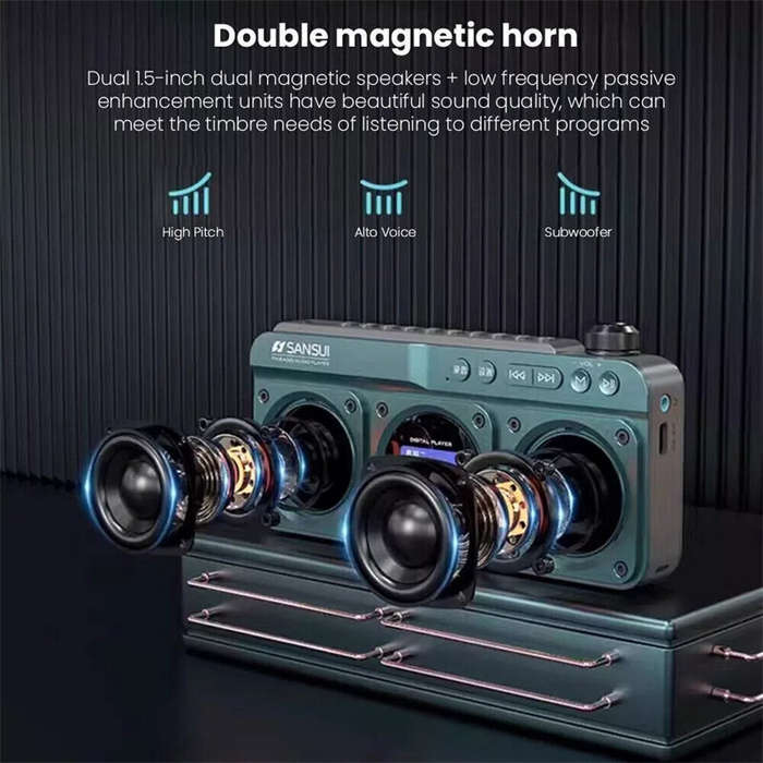 Blue - SANSUI F28 Dual Speaker Wireless bluetooth Radio with Bass Diaphragm Digital Display Support