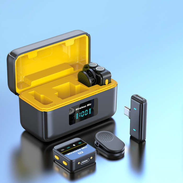 Black - Q9 1-to-2 Wireless Lavalier Microphones with Charging Case 360 Omni-directional Sound Pickup