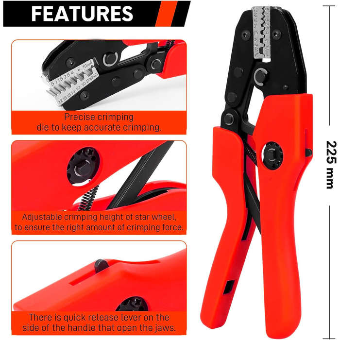 Red - AN10WF Self-Adjusting Crimping Tool AWG 22-8 Wire End Ferrules Ergonomic Handle Energy-Saving