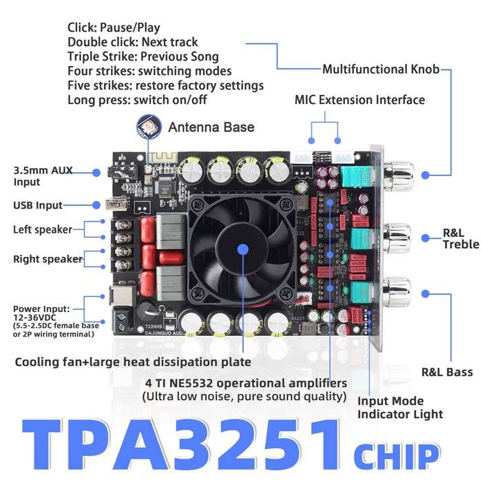 Black - T220HS bluetooth 5.2 Amplifier Board 220W+220W Stereo Channel HiFi Amplifier TPA3251 Audio M
