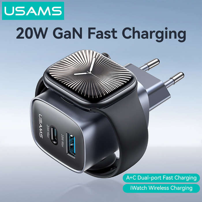 Black - [GaN Tech] USAMS CC293 T67 20W 2-Port USB PD Charger with iWatch Wireless Charging Function