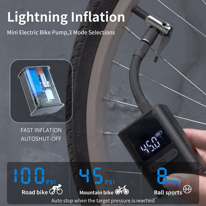 Black - 100PSI Electric Ball Pump Mini Bike Pump with Digital Gauge Portable Tire Pump LED Digital D