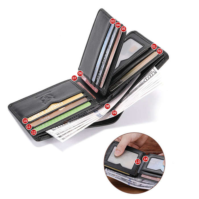 Black - BULLCAPTAIN Men's Genuine Leather Wallet Business Casual Cash Clip Multifunctional RFID Anti