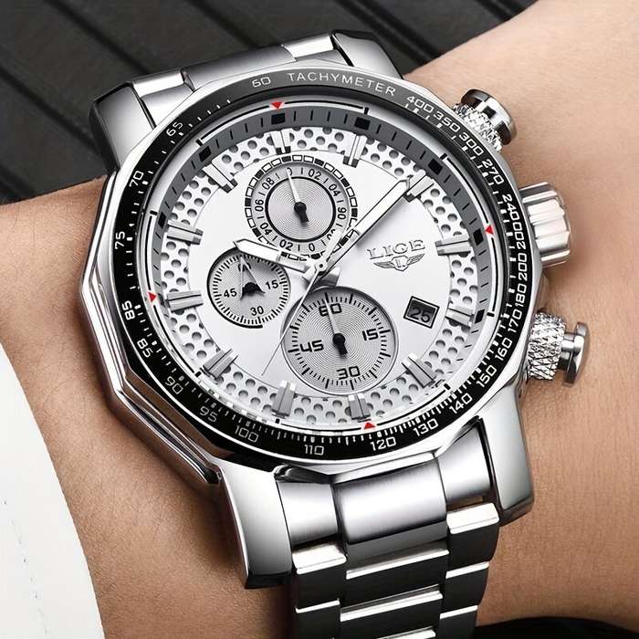 Silver - LIGE Men's Sport Watches Big Dial Chronograph Watches Multifunctional Business Casual Quart
