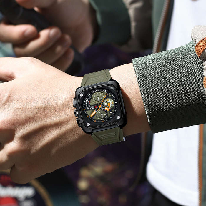 Green-Black - CURREN Men's Fashion Luminous Sports Watches Unique Square Dial with Chronograph Calen