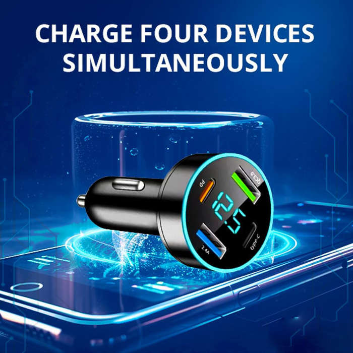 Black - 66W Fast Charge Car Charger 4 USB PD20W Type-C QC3.0 Display Car Charger USB Charger 4 Port