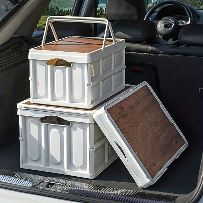 #01 - 30L Outtdoor Folding Box Storage Box Camping Storage Box Car Trunk Storage Box Wooden Cover Fo