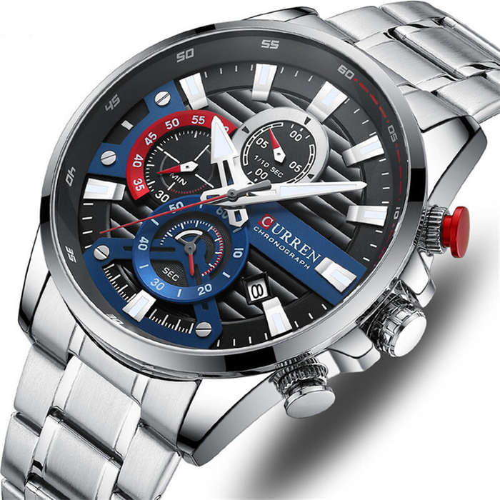 Blue Silver - CURREN Chronograph Men's Business Sports Quartz Watch Casual Fashion Analog Calendar W