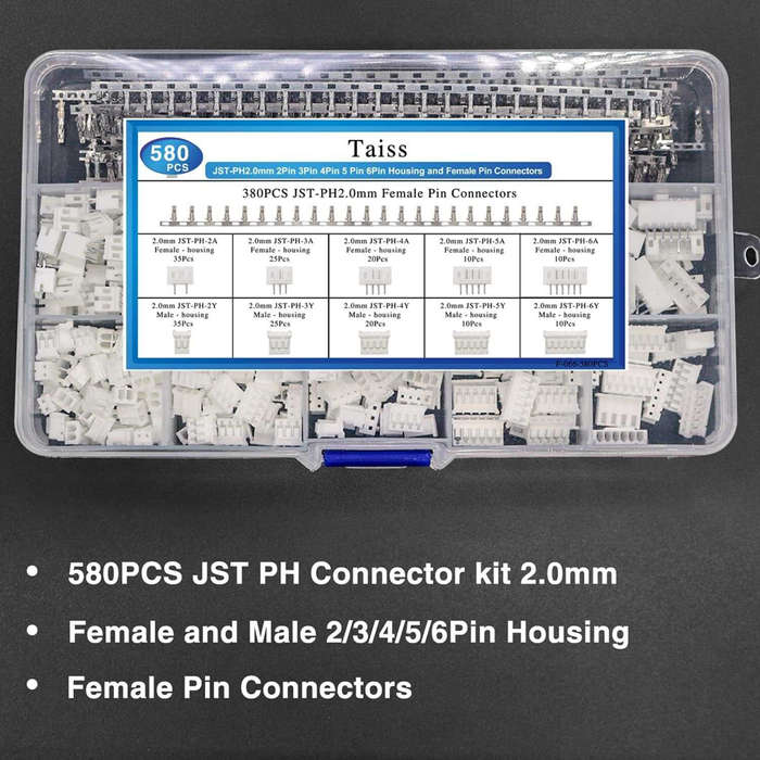 with box - 580PCS JST-PH2.0mm Pitch 2P3P4P5P6P Plastic Shell Straight Pin Base Connector Terminal