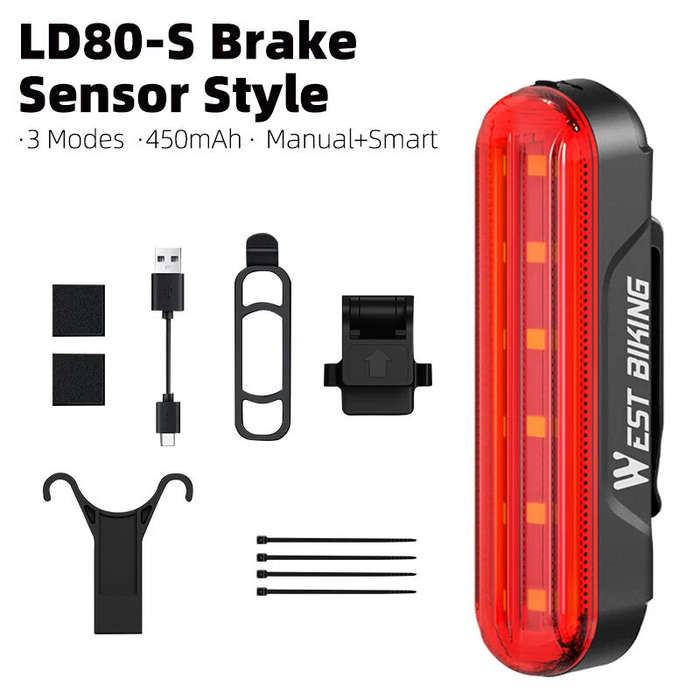 WEST BIKING Smart Brake Sensor Bike Taillight 450mAh Battery 3 Light Modes Type-C Rechargeable Water
