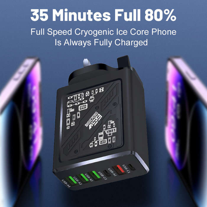 Black - LYK-880 65W 6-Port USB PD Charger 4USB-A+2USB-C PD Fast Charging Wall Charger Adapter EU Plu