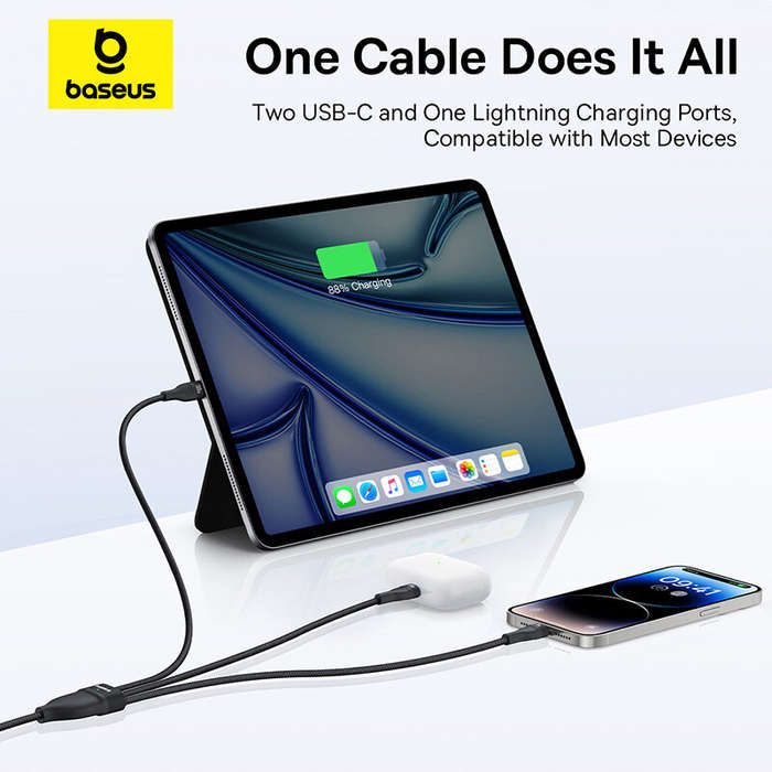 Black - Baseus Flash Series 3 100W Type-C to Type-C+Type-C+iP Cable PD Fast Charging Data Transmissi