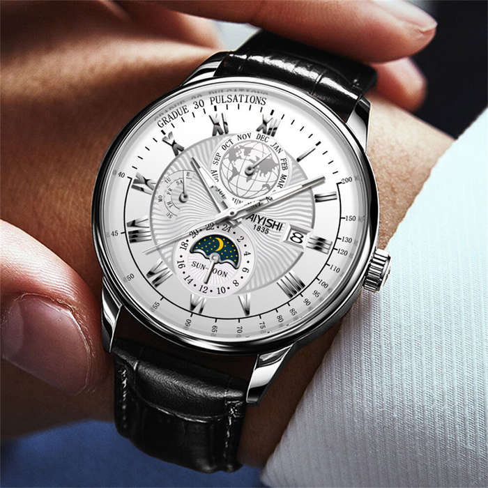 Brown - AIYISHI Men Business Luxury Quartz Watch Luminous Single Date Round Dial PU Leather Strap Wa