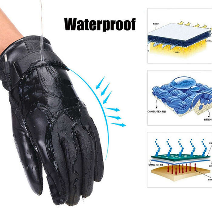Black - TENGOO USB Electric Heated Thermostatic Gloves Waterproof PU Touchscreen Heated Gloves Winte