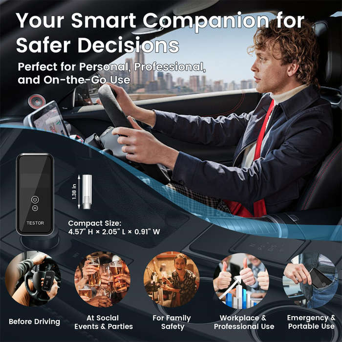 Black - Accurate Portable Professional Breathalyzer Alcohol Tester with Digital Display 8 Reusable M