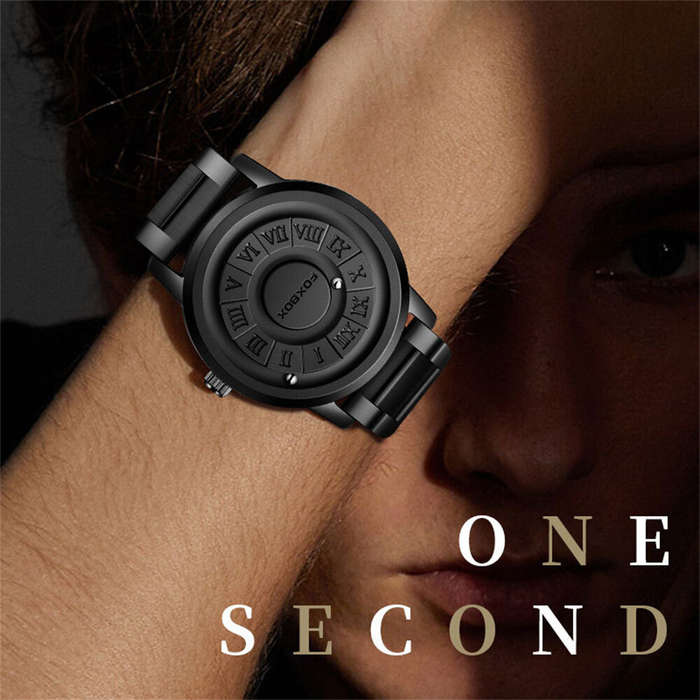 Black Belt - Creative Scrolling Stylish Black Dial Rotating Magnetic Bead Watch Roman Numerals Uniqu