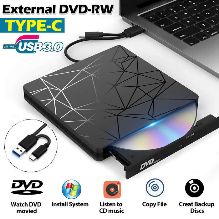 Mechzone Portable USB3.0 Type-C Optical Drives Black Tray Type External DVD-RW Max.24X High-speed Da