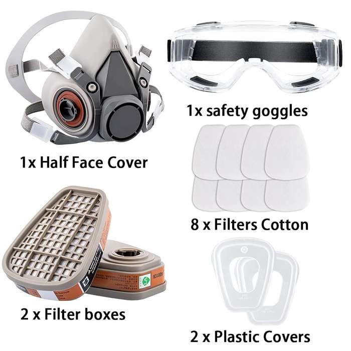 White - Reusable Half Face Cover Gas Mask with Safety Glasses Double Filtration for Chemical Organic
