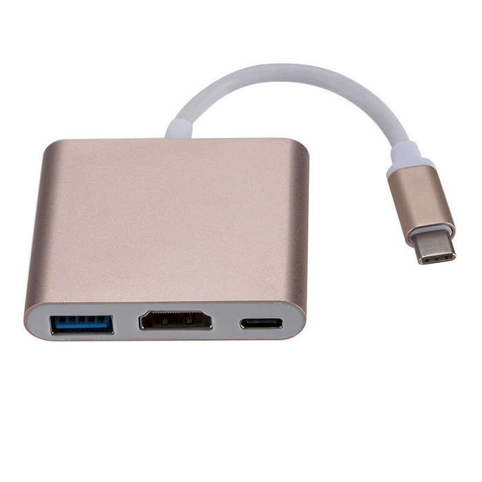 Silver - USB 3.1 Converter USB-C to HD Adapter Hub 3-in-1 Type-C to HDMI/USB 3.0/Type-C Aluminum for