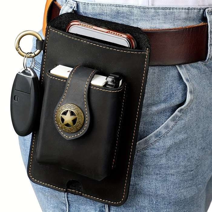 Black - Ekphero Men's Vintage Genuine Leather Belt Bag, Multifunctional Waist Bag with Key Hook, Mob
