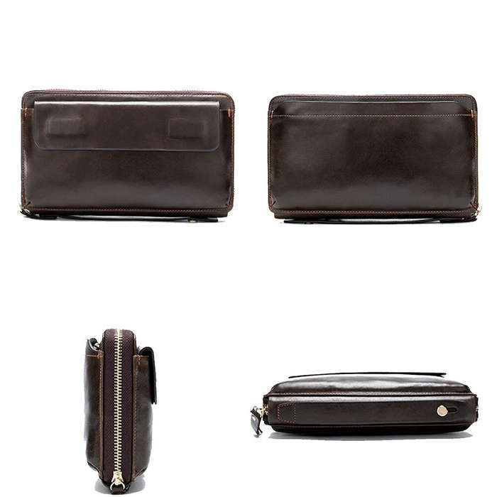 Black - Ekphero Genuine Leather Wallet Long Handbag Large Capacity Card Holder Money Clip Retro Clut