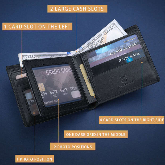 Black - BULLCAPTAIN Men's Cow Leather Wallet Large Capacity Multi-Card Slot RFID Card Holder Billfol