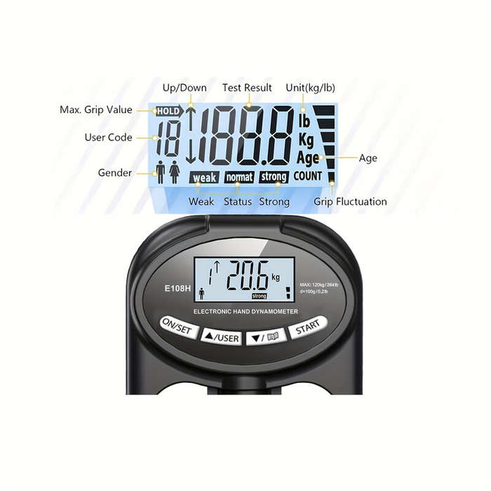 BLack - Hand Dynamometer Digital Grip Strength Tester 265 lb 120 kg Max Rechargeable Battery USB LED