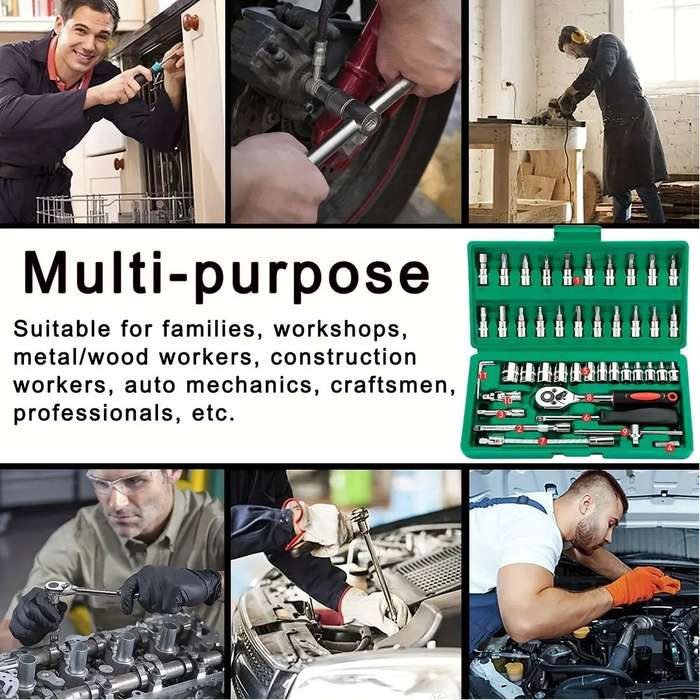 46PCS Drive Socket Set 1/4 inch Ratchet Wrench with Metric Hex Bit Mechanic Tool Kits for Auto Repai