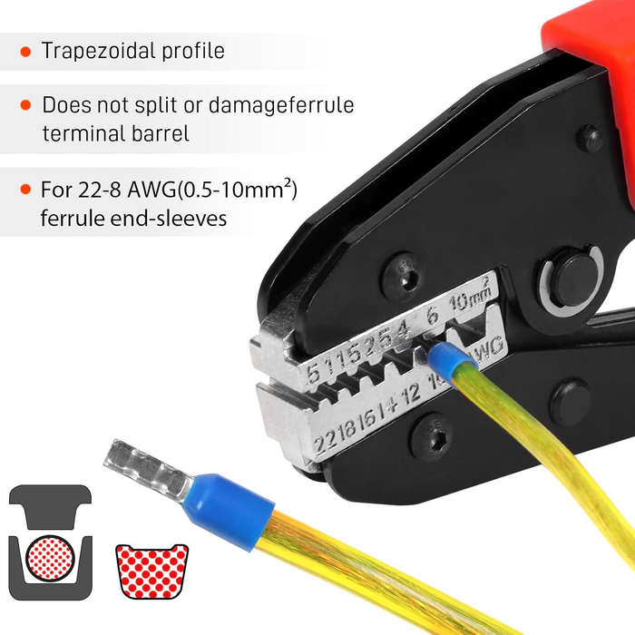 Red - AN10WF Self-Adjusting Crimping Tool AWG 22-8 Wire End Ferrules Ergonomic Handle Energy-Saving