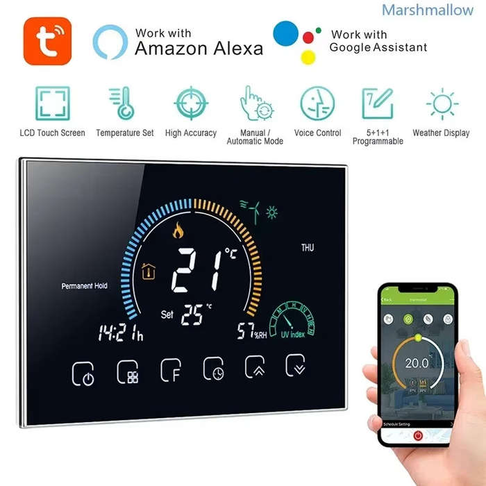 Silver - Tuya WiFi Smart Programmable Thermostat for Water Gas Boiler LCD Display Touch Panel APP Vo