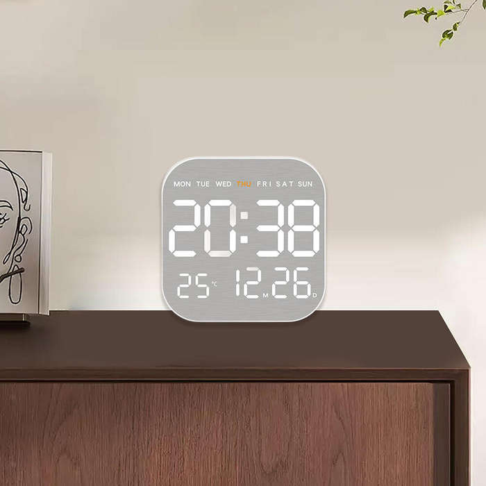 Black - Metal Brushed Texture Digital Wall Clock Alarm Set Large Display Screen LED Alarm Clock Home