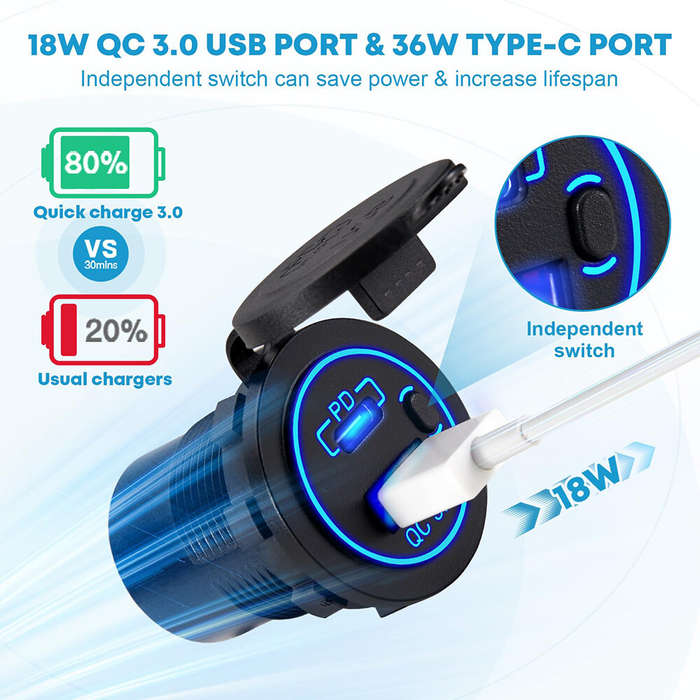Black - 4 in 1 12V Socket with Single Switch 12 Volt Socket Motorhome with LED Voltmeter On/Off Swit