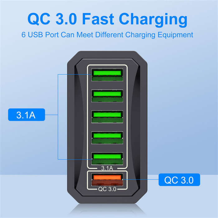 Black - 5V3A 6-Port USB Charger 6USB-A QC3.0 Fast Charging Wall Charger Adapter EU Plug for iPhone 1