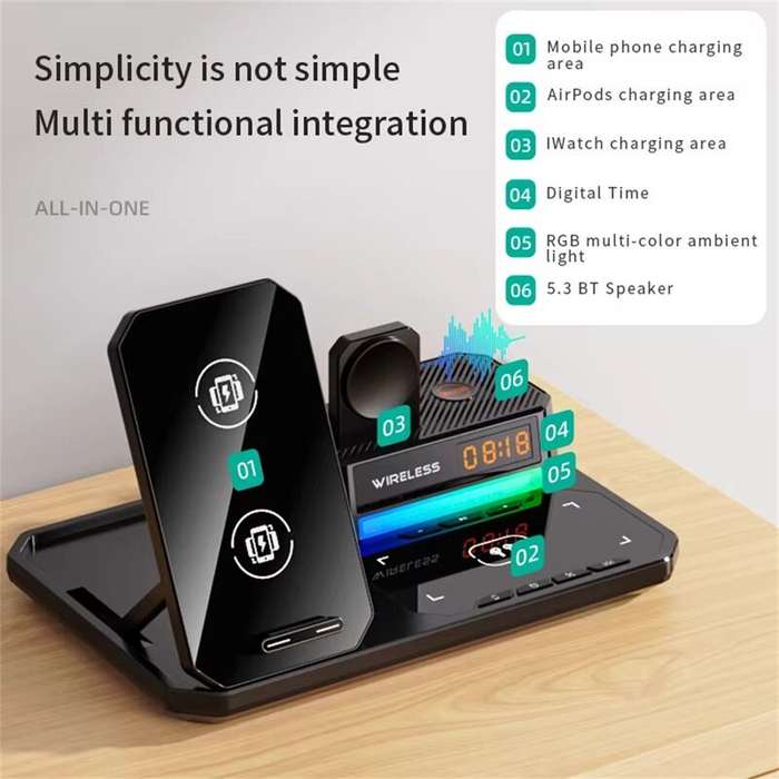 Black - 6-in-1 Desktop Charger with Wireless Fast Charging Bluetooth Speaker RGB Light Multi-Device