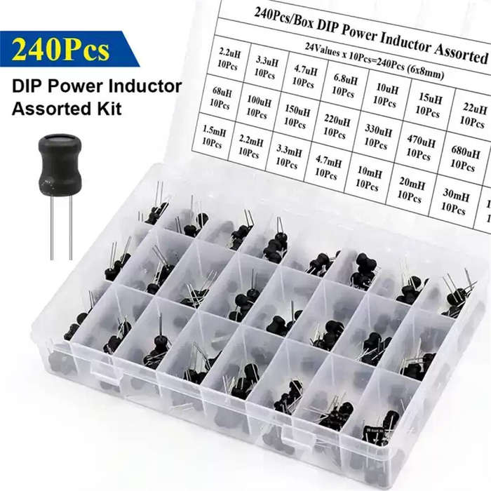 with box - 240Pcs 24 Types /Box DIP Power Inductor Assorted Kit 24Values x 10Pcs Inductance 6x8mm 2.