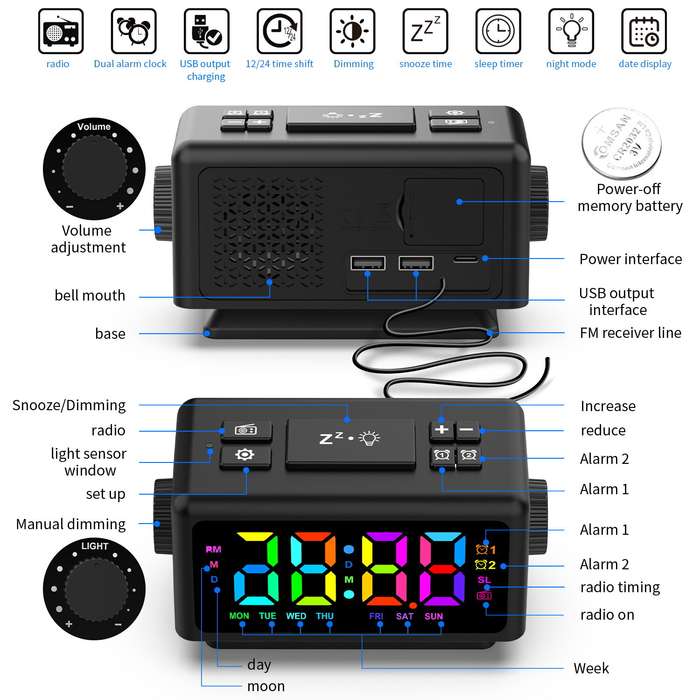 White - AGSIVO RGB Digital Alarm Clock FM Radio Dual Alarm Clock with Snooze / Dynamic RGB Display /