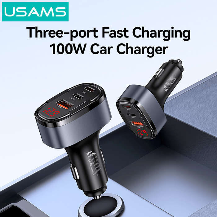 Black - USAMS CC257 C42 100W 3-Port USB PD Car Charger Adapter USB-A+USB-C+iP Support PD QC AFC SCP