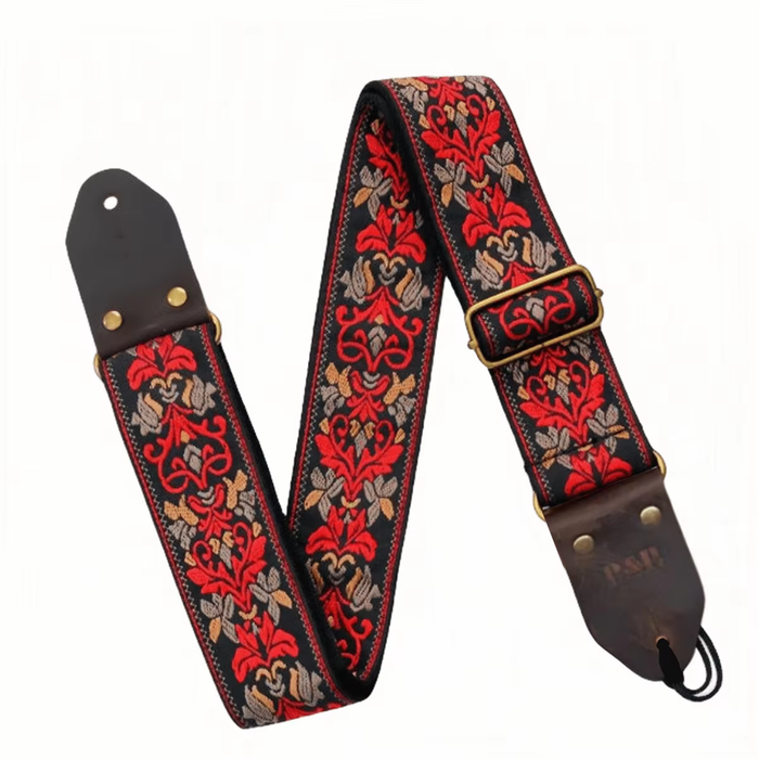 Red & White - Embroidered Soft Vintage Flower Adjustable Creative Cotton Leather Guitar Strap