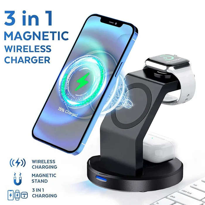 Black - BTJ-W11 3-in-1 15W Magnetic Wireless Charger Fast Wireless Charging Stand for Smart Phones f