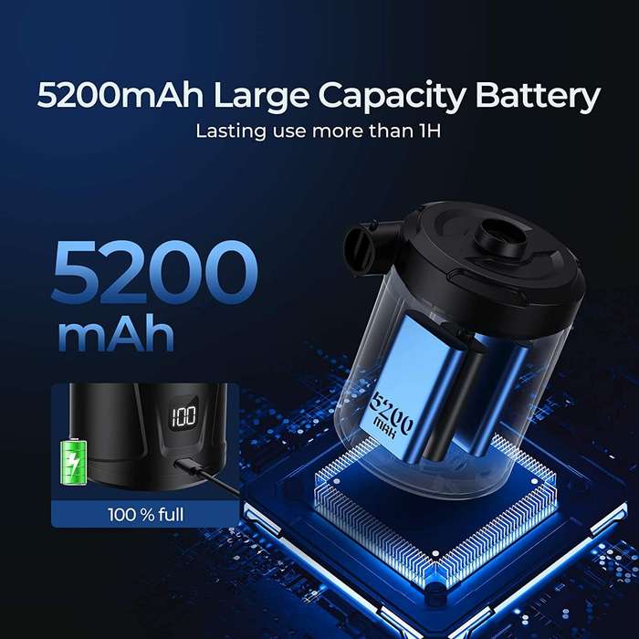 Black - 5200mAh Electric Air Pump Rechargeable Air Pump With Digital Display Screen Portable Mini Ai