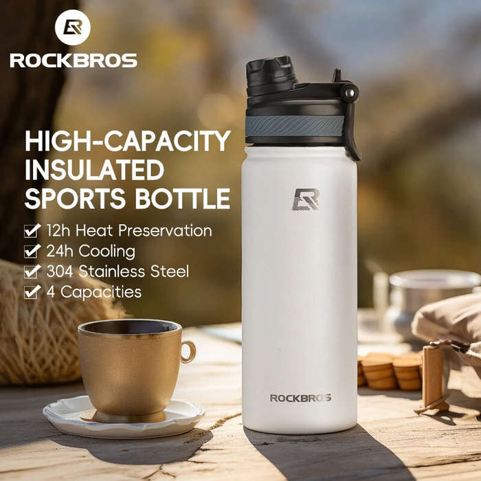 Black - ROCKBROS 550ml Thermal Water Bottle Sports Water Bottle Non Slip 304 Stainless Steel Cold An